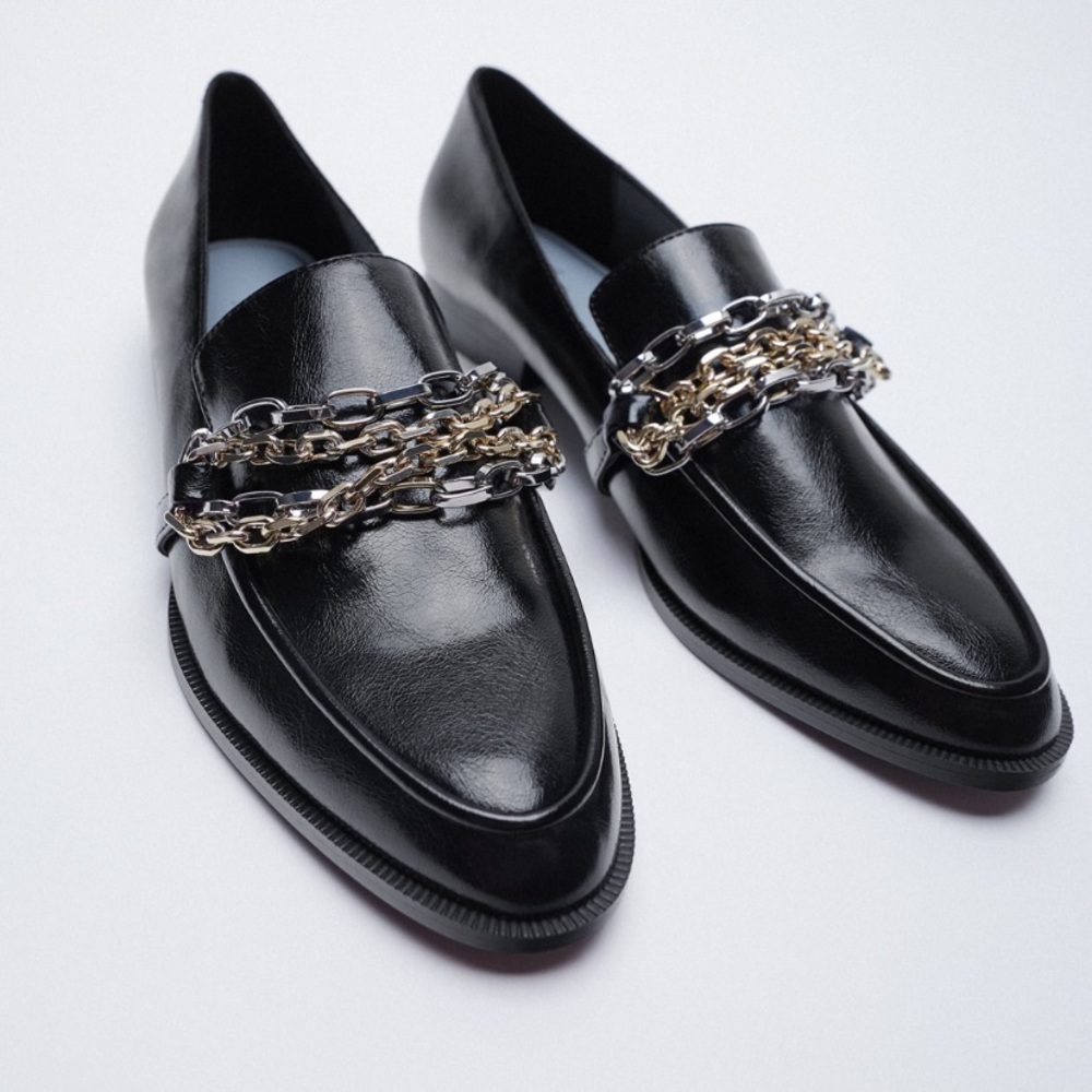Zara Black chain detail round toe loafers